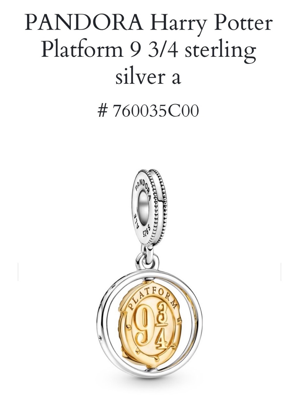 Pandora Gold and Silver Platform 9 3/4 Pendant Charm